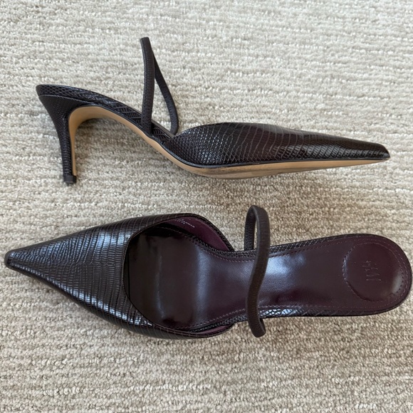 H&M Edition Premium Pointed Slingback Pumps. Dark Brown Croc-Embossed Leather. - Picture 4 of 12